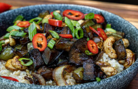 Flat top Cashew Chicken or Eggplant